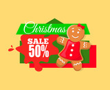 Christmas sale 50 percent off discount, gingerbread boy sweet cookie and price tag with info about discounts. Half cost reduce advertisement label