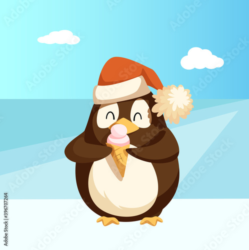 Penguin with ice cream in Santa hat at Antarctica on sunny day. Snow and ice, bird with dessert or food, winter holidays, New Year and Christmas vector