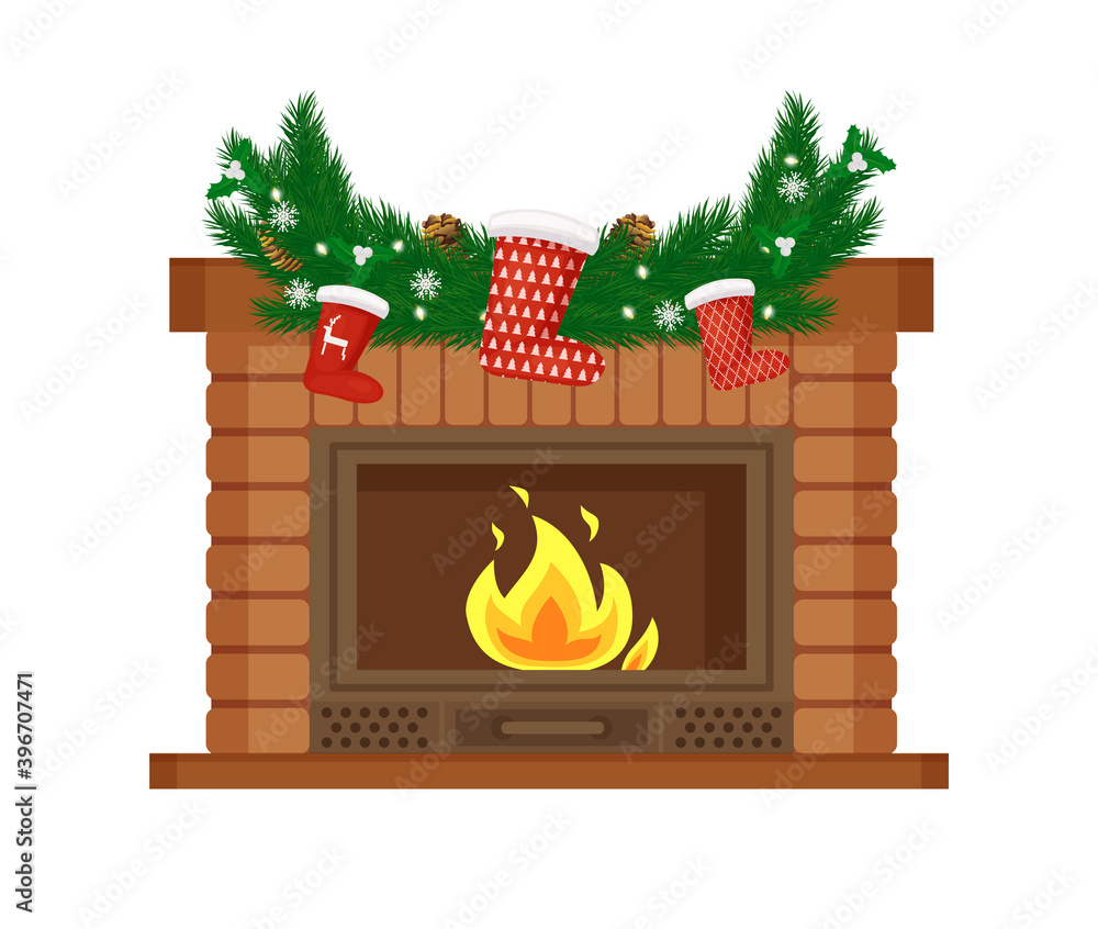 Fototapeta premium Fireplace decorated for Christmas holiday vector. Pine tree branches with needles and snowflakes, socks with evergreen print, flame and home interior