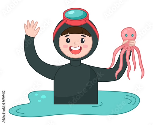 Scuba diver young man over water cartoon vector character holding pink octopus waving hand flat vector. Aqualunger wearing protective suits and a diving mask smiling satisfied male with catch