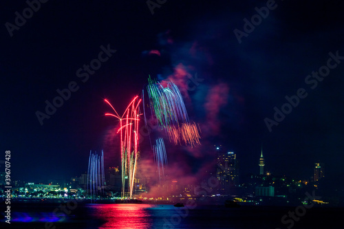 The blurred background of fireworks  light trails  is beautiful at night  seen in the New Year holidays  Christmas events  for tourists to take pictures during public travel.