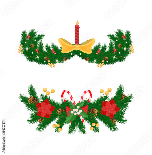 Spruce tree branches, burning candle decorated by bow, pine cones, white viscum and red balls, winter and New Year holidays decoration isolated vector icon