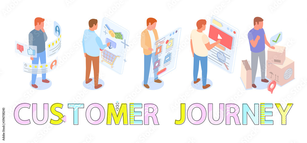 Set of male characters making selection of goods in online store. Way from seller to customer, build consumer demand. Customer engagement. Swipe pages. Big cartoon lettering ustomer journey Set of male characters making selection of goods in online store. Way from seller to customer, build consumer demand. Customer engagement. Swipe pages. Big cartoon lettering ustomer journey