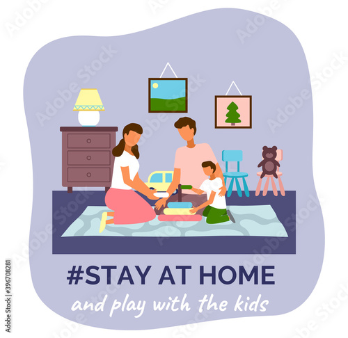 Stay at home and play with kids. Quarantine self-isolation at home. Prevention of covid-19 or coronavirus. Virus outbreak. Family spending leisure time together. Mother with dad playing with son