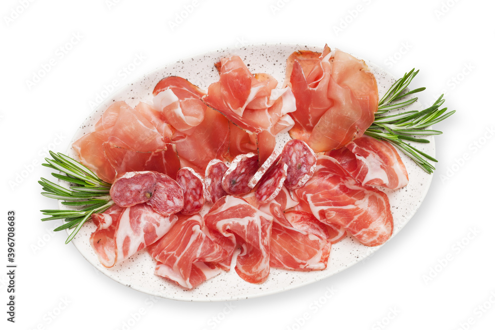 Spanish jamon, prosciutto crudo ham, italian salami