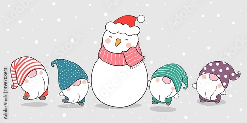 Draw banner gnomes with snowman in winter and Christmas.
