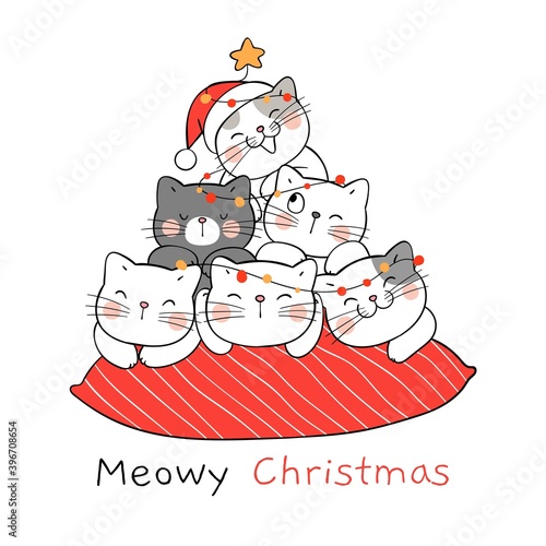 Draw cat on red pillow For Christmas and New year.