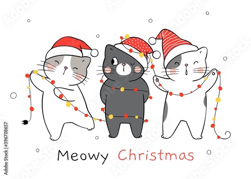 Draw cat with ฉhristmas light For Christmas and New year.
