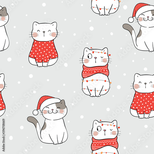 Draw seamless pattern cat for winter Christmas.