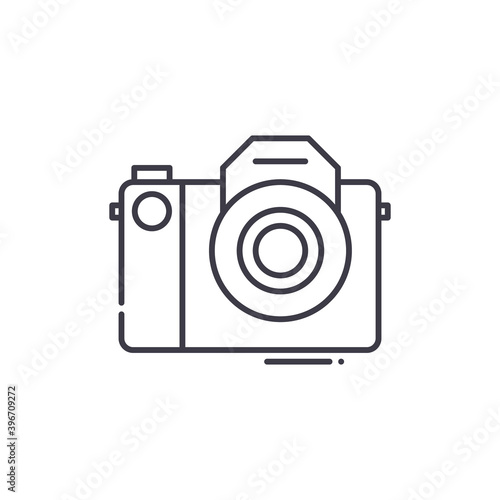 Mirrorless camera icon, linear isolated illustration, thin line vector, web design sign, outline concept symbol with editable stroke on white background.