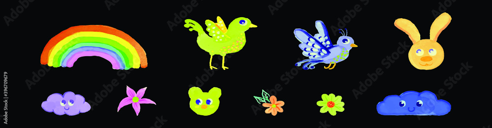 set of watercolor childish cartoon icon design template with various models. vector illustration isolated on background