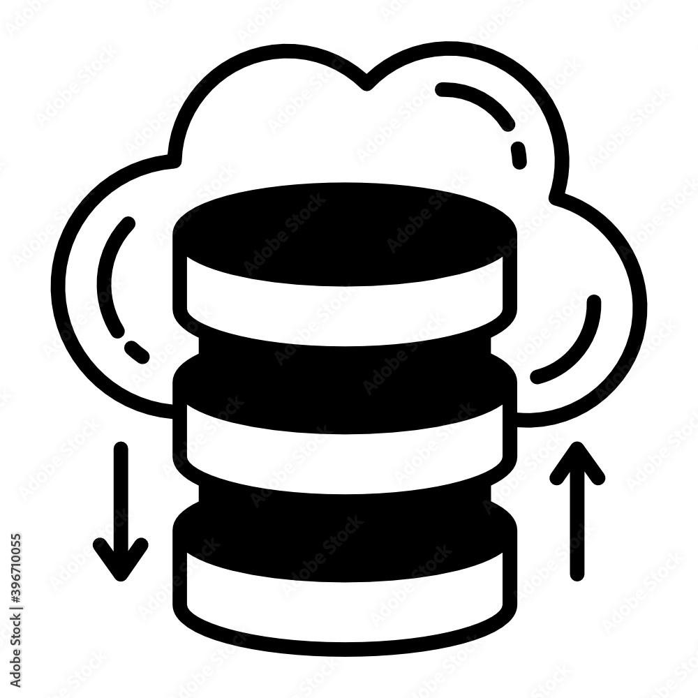 Server and Storage Transformation Glyph Vector Icon Design, Cloud computing and Internet hosting services Symbol on White background, Cloud Database Data Transfer Concept, 