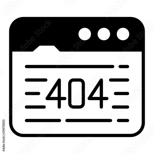 404 Error in Browser Window Vector Glyph Icon Design, Cloud computing and Internet hosting services Symbol on White background, Web Page not found Concept, Website outage 