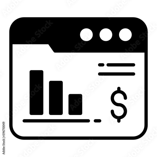 Browser Dollar with Stats Concept, Web Finance vector Glyph Icon Design, Cloud computing and Internet hosting services Symbol on White background 