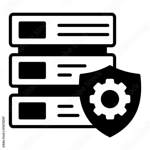 Maintenance Free Machine with Protection Vector Glyph Icon Design, Rack Insurance Sign, Cloud computing and Internet hosting services Symbol on White background, Secure Managed Server Concept, 