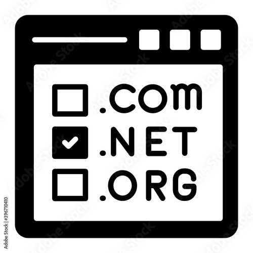 Top Level Domains Concept, dot com net org selection in browser window vectory glyph icon design, Cloud computing and Internet hosting services Symbol on White background 