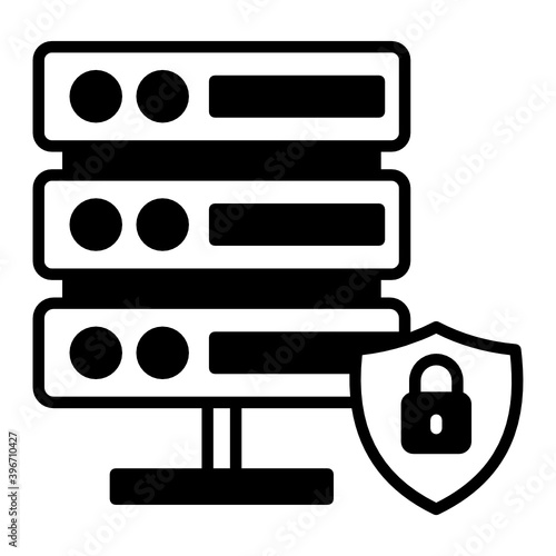 Data Center Insurance Concept, Secured VPS Rack Vector Glyph Icon Design, Cloud computing and Internet hosting services Symbol on White background 