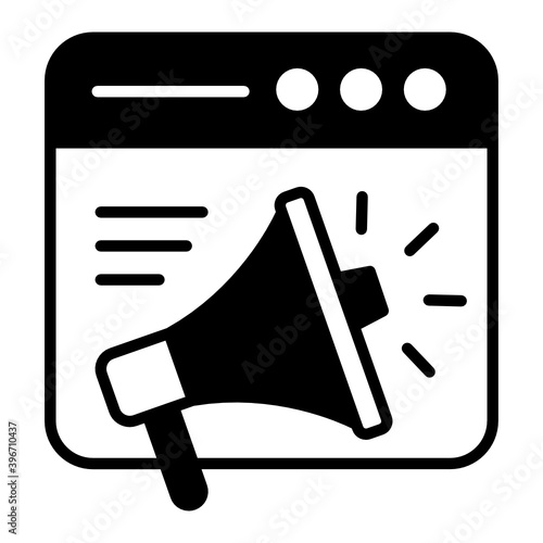 Digital Marketing campaign concept, Browser with Megaphone vector glyph icon design, Cloud computing and Internet hosting services Symbol on White background 
