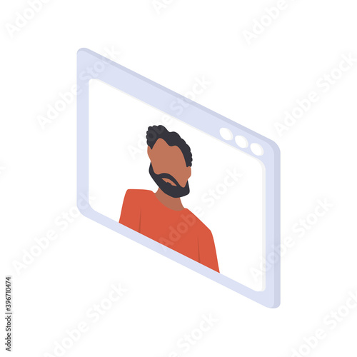 African American man in a chat window. The boy is conducting an online conference. Isometric. Vector.