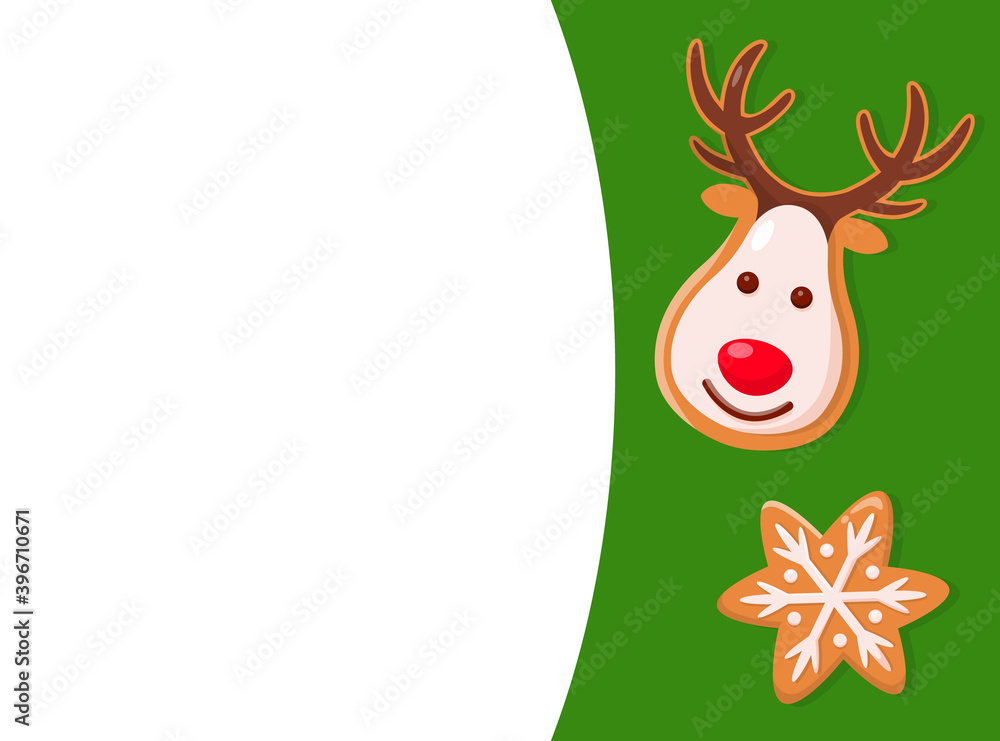 Naklejka premium Gingerbread of head deer and figurine of snowflake in flat style. Merry Christmas winter greeting card in green color decorated with cookies vector