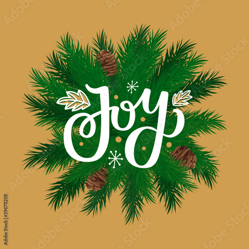 Joy pine tree branches and cones leaves wreath vector. Christmas holiday celebration, spruce twig plant with needles, decoration in circle shapes
