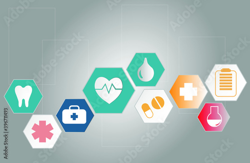 Set of medical symbols icons on a light background for doctors of pharmacy hospitals. Vector graphics