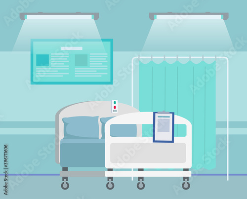 Interior design of hospital ward without people. Bed with diagnosis at clipboard and folding screen standing near, two bright lamps. Place for recovery after operation. Treatment and healthcare