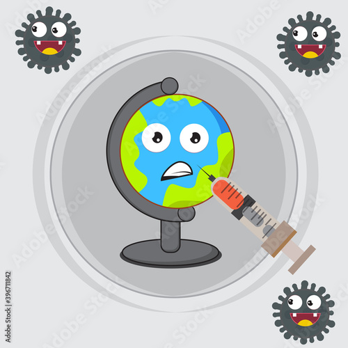 a globe mascot that is being given a covid-19 vaccine shot