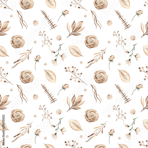 Christmas plants, leaves, berries, branches, flowers, foliage, fir branches in brown on a white background watercolor seamless winter pattern