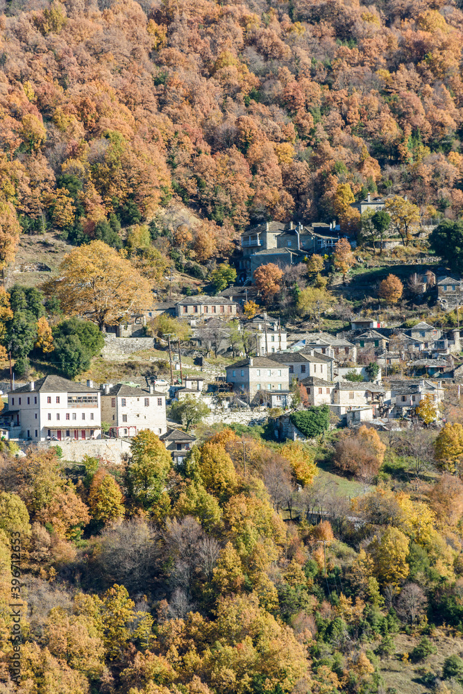 Traditional architecture  during  fall season in the picturesque village of Mikro  papigo in Epirus zagori greece