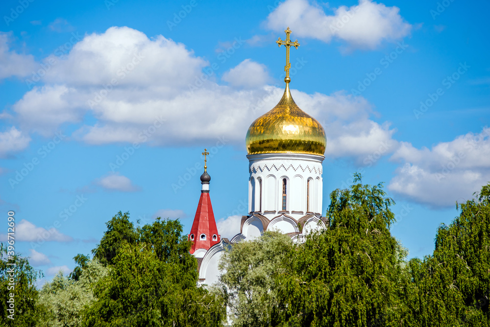 The dome of the Orthodox Church surrounded by among the green trees
The dome of the Orthodox Church surrounded by among the green trees