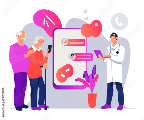 Elderly people online medical support banner with a doctor consulting an older couple remotely. Online medical services and medical consultation for the elderly, flat vector illustration isolated.