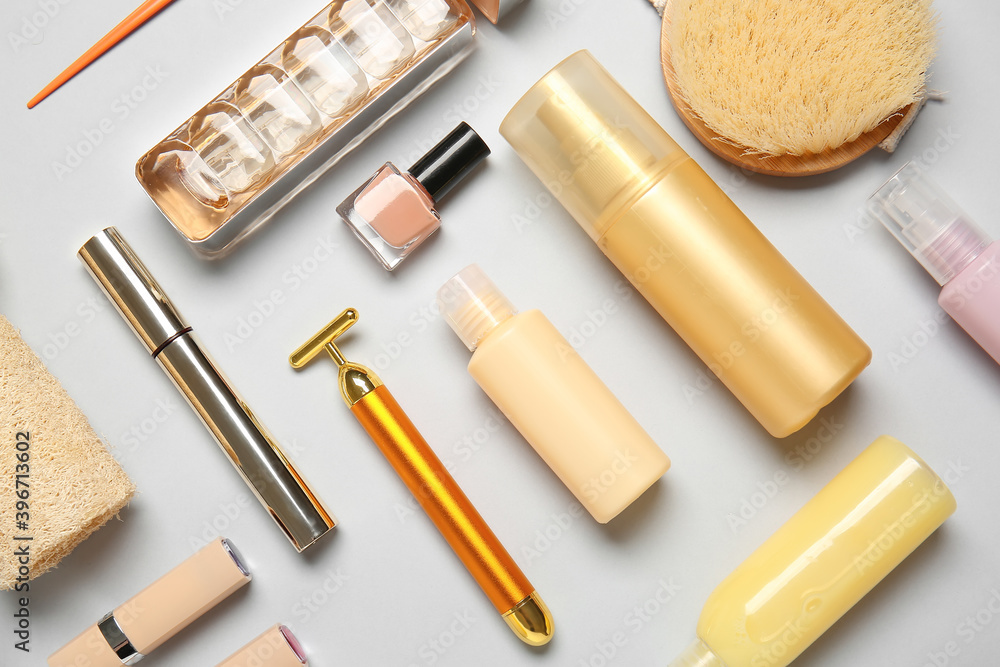 Travel cosmetics kit on light background Travel cosmetics kit on light background