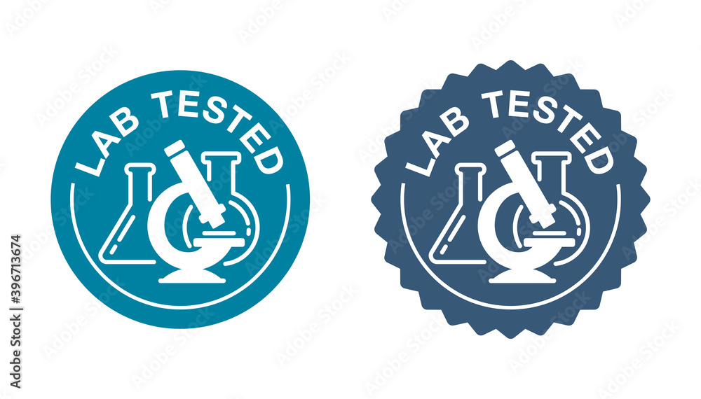 Lab tested certified stamp - laboratory equipment (microscope, flask, vial) inside circle - icon for medical testing confirmed products Lab tested certified stamp - laboratory equipment (microscope, flask, vial) inside circle - icon for medical testing confirmed products