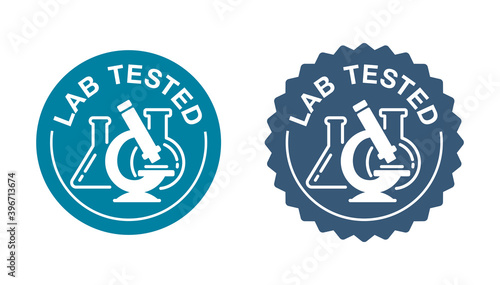 Lab tested certified stamp - laboratory equipment (microscope, flask, vial) inside circle - icon for medical testing confirmed products