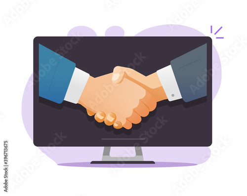 Internet partnership deal vector concept, idea of online contract or business man agreement, digital success meeting, negotiations welcome handshake or shaking hands on computer screen