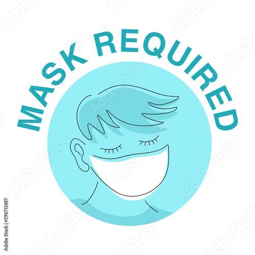 Mask required warning attention sign - cute character in thin line with face mask in creative circle frame - isolated vector information picture