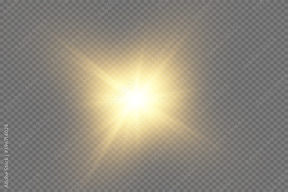 Yellow glowing light explodes on a transparent background. Sparkling magical dust particles. Bright Star. Transparent shining sun, bright flash. Vector sparkles.