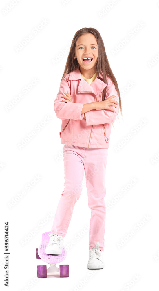 Happy little girl with skateboard on white background Happy little girl with skateboard on white background