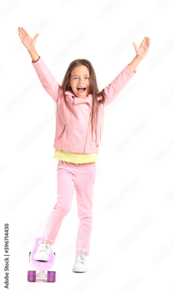 Happy little girl with skateboard on white background Happy little girl with skateboard on white background