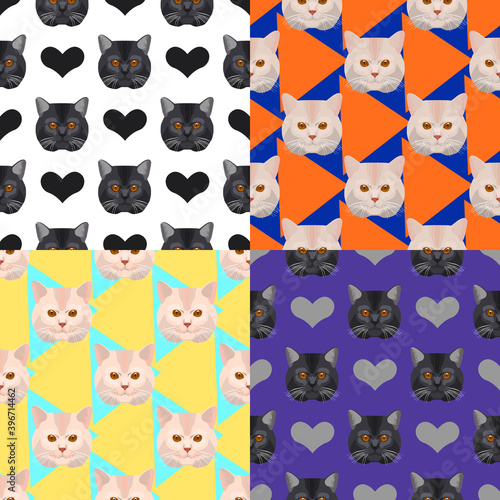 Seamless pattern collection with cat portraits, set of vector illustrations for background, wrap, scrapbook, wallpaper