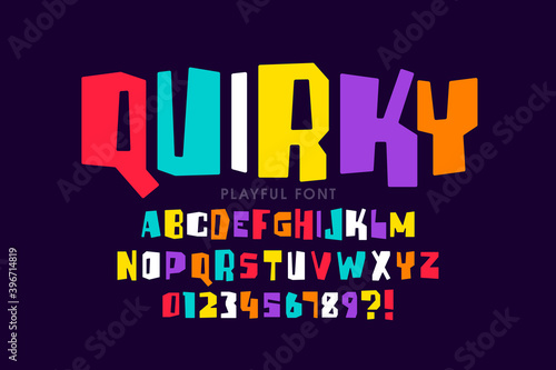 Quirky playful style childish font, alphabet letters and numbers vector illustration