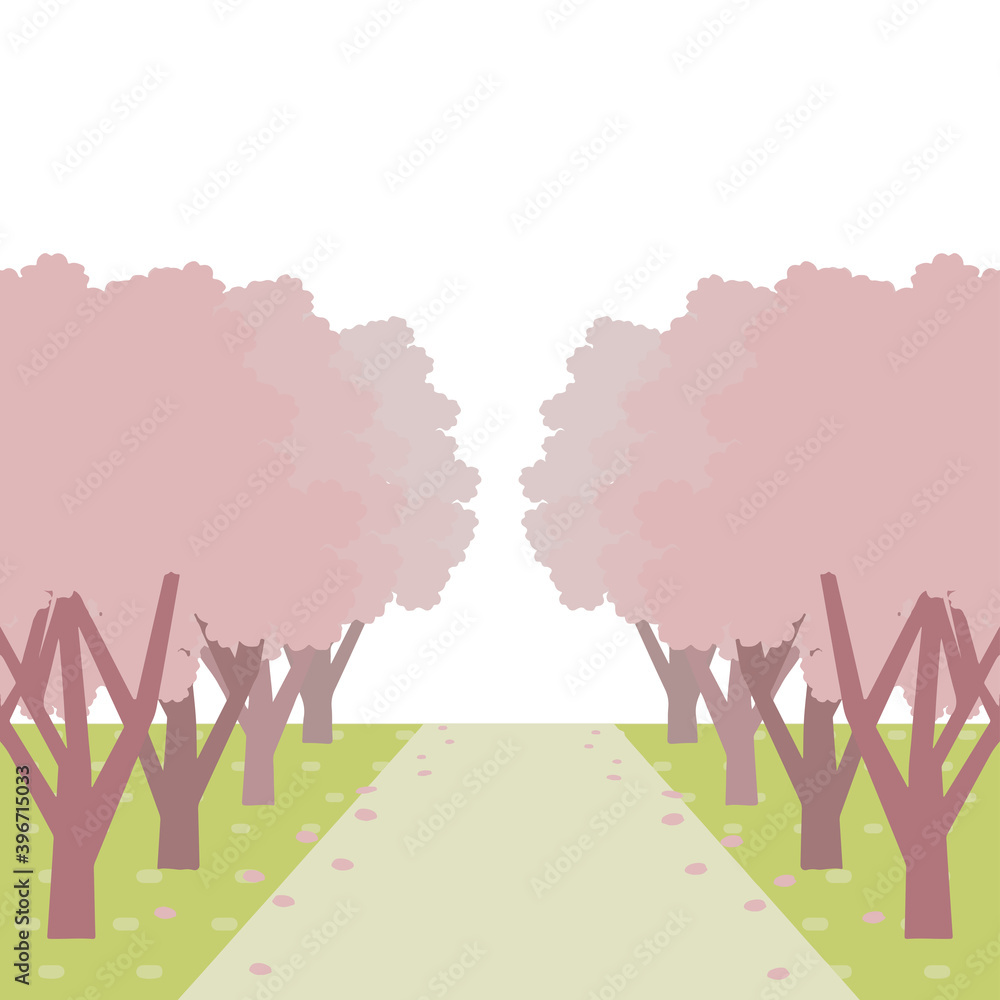 桜並木の風景を描いたベクターイラスト 桜並木の風景を描いたベクターイラスト
