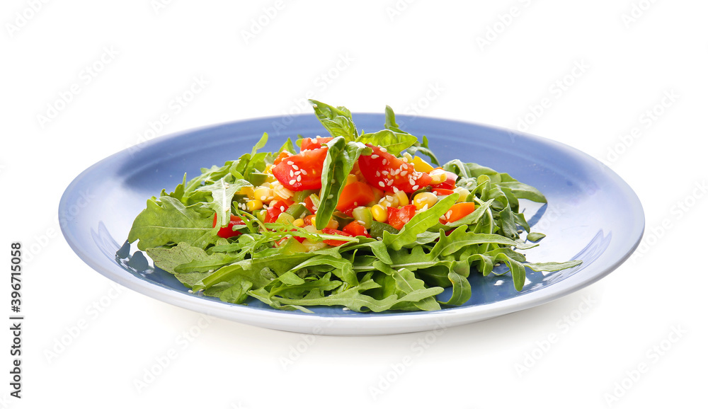 Plate with tasty arugula salad on white background Plate with tasty arugula salad on white background