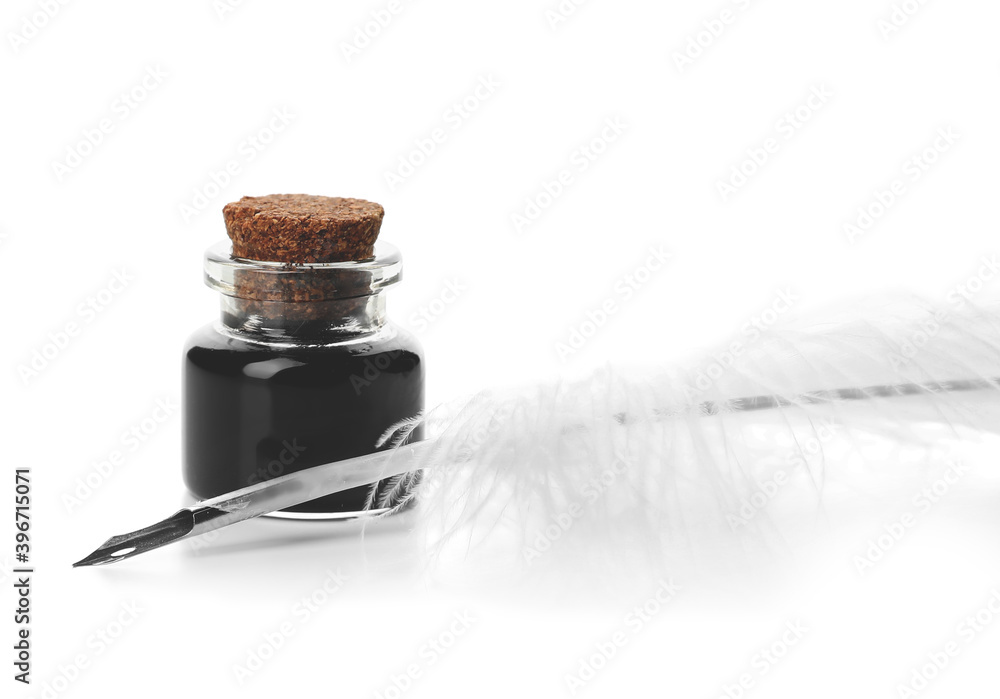 Feather pen and inkwell on white background Stock Photo | Adobe Stock