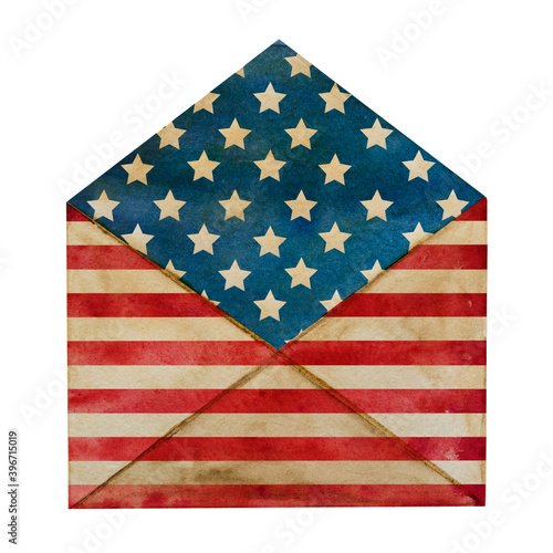 Beautiful postal envelope painted in the national colors of the American Flag. Closeup, no people, texture. Congratulations for family, relatives, friends and colleagues