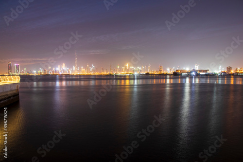 Shot of a Dubai city skyline at night from Dubai creek harbour. UAE. Outdoors