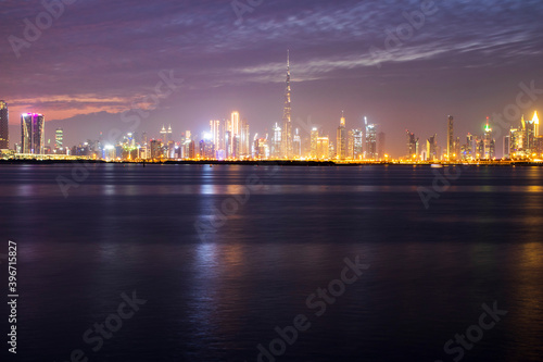 Shot of a Dubai city skyline at night from Dubai creek harbour. UAE. Outdoors © Four_Lakes