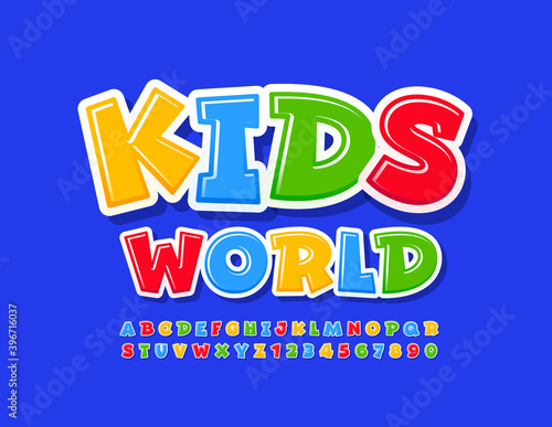 Vector colorful logo Kids World. Playful Bright Font. Artistic Alphabet Letters and Numbers. 