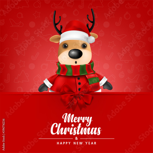 Greeting card  Cute Reindeer on Red background for merry christmas and happy new year card. vector illustration.